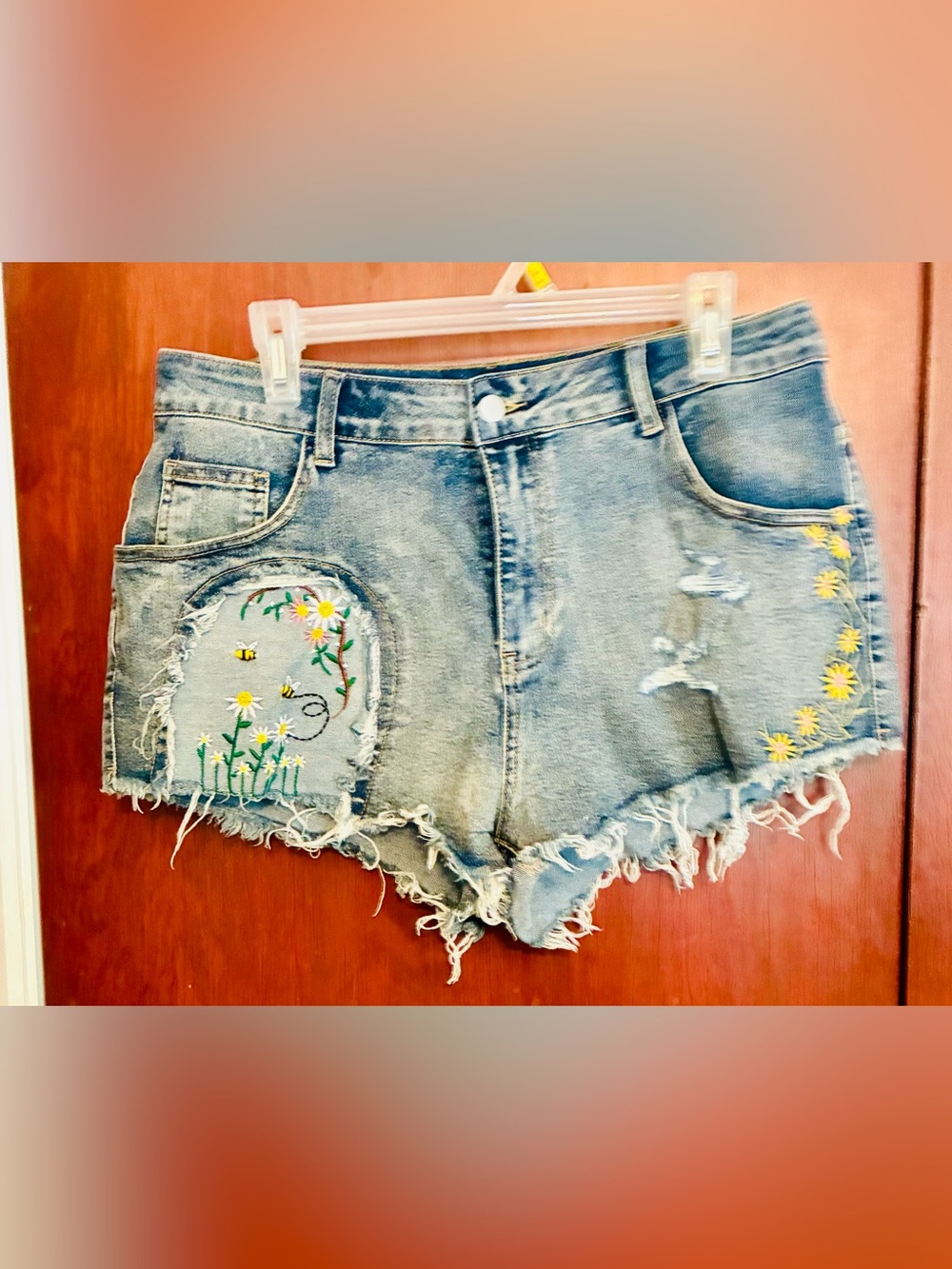 ROMWE Light Blue Distressed Denim Shorts with Floral Embroidery
